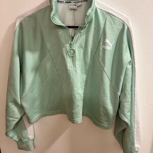 Puma Womens Mint Green/White Crop Athletic‎ Quarter Zip Pullover Sz Medium